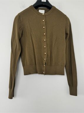 H&M Soft Knit Cardigan Sweater Olive Khaki Green Gold Ball Buttons Babydoll S